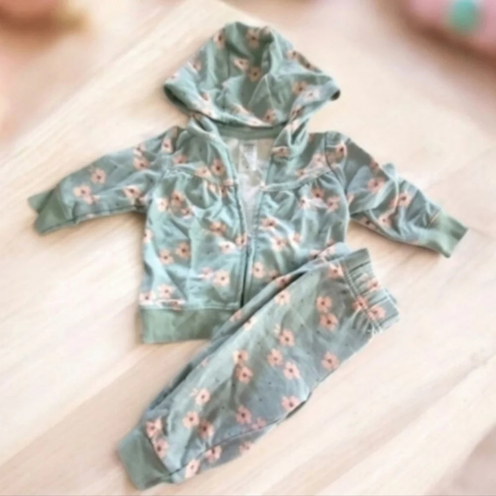 Nwot Carters Pale Blue Pink Floral Hoodie Sweatpants Lounge Set Size 0/6 Months
